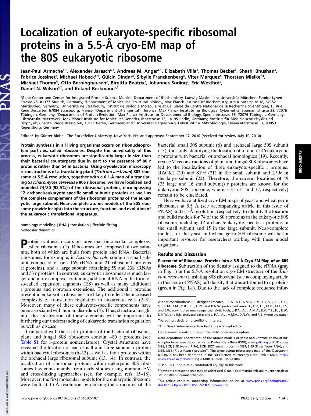 Localization of Eukaryote-Specific Ribosomal Proteins in a 5.5-Å Cryo-EM Map of the 80S Eukaryotic Ribosome