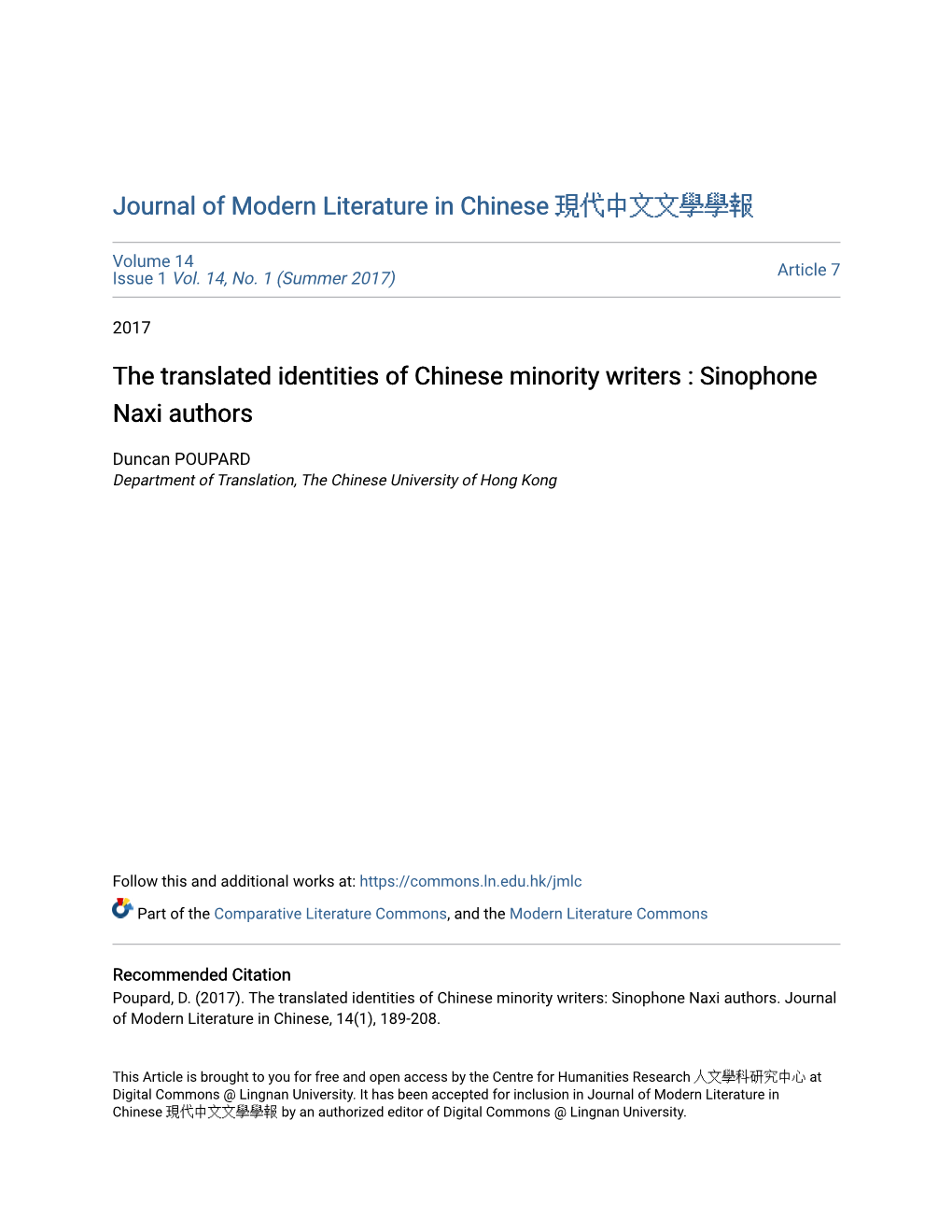 The Translated Identities of Chinese Minority Writers : Sinophone Naxi Authors