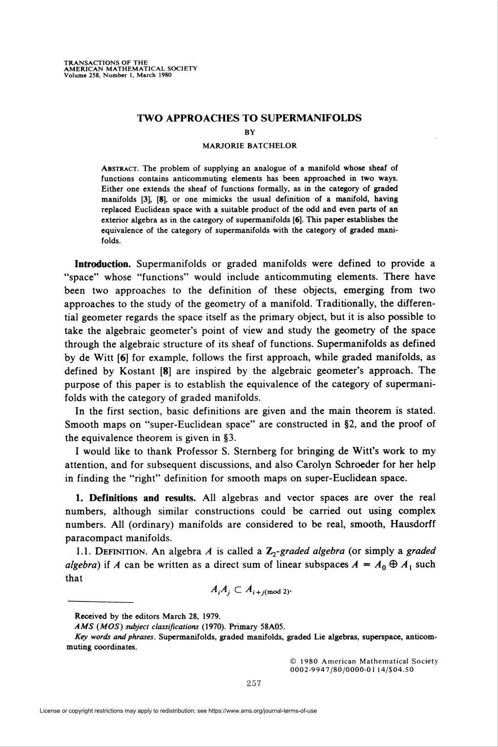 Two Approaches to Supermanifolds by Marjorie Batchelor