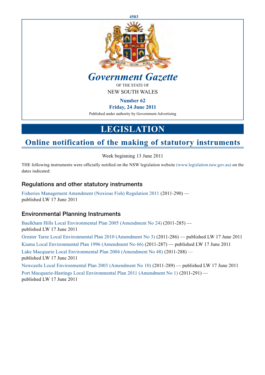 Government Gazette of the STATE of NEW SOUTH WALES Number 62 Friday, 24 June 2011 Published Under Authority by Government Advertising