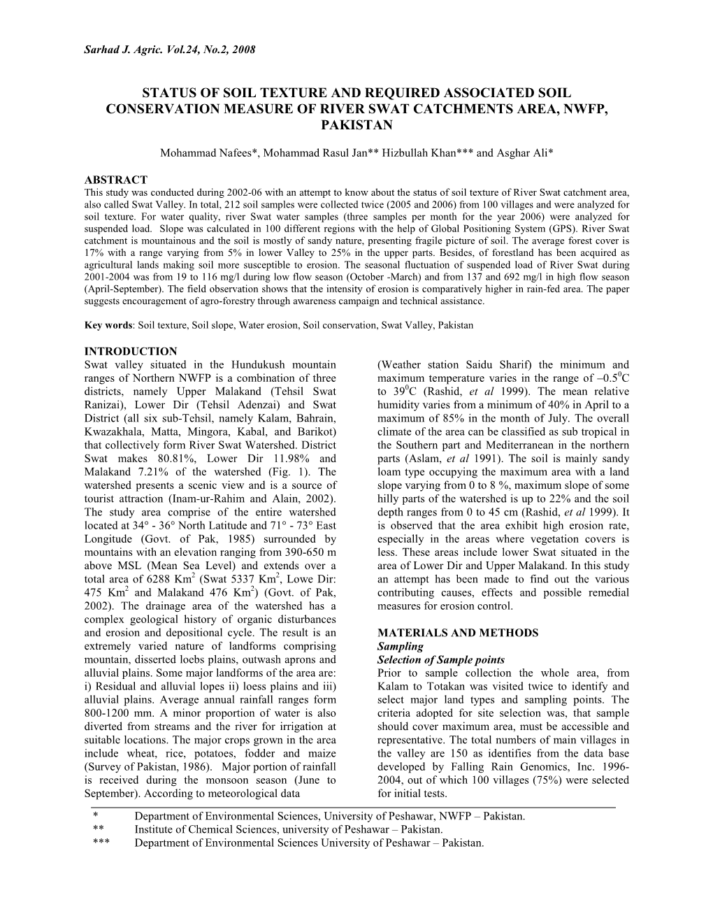 Status of Soil Texture and Required Associated Soil Conservation Measure of River Swat Catchments Area, Nwfp, Pakistan