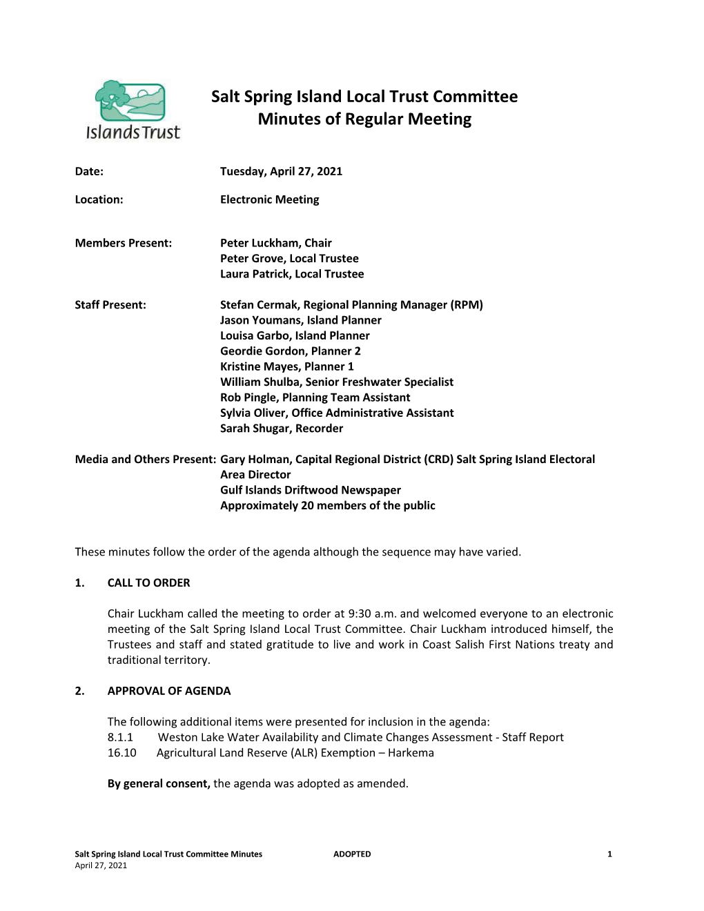 Salt Spring Island Local Trust Committee Minutes of Regular Meeting