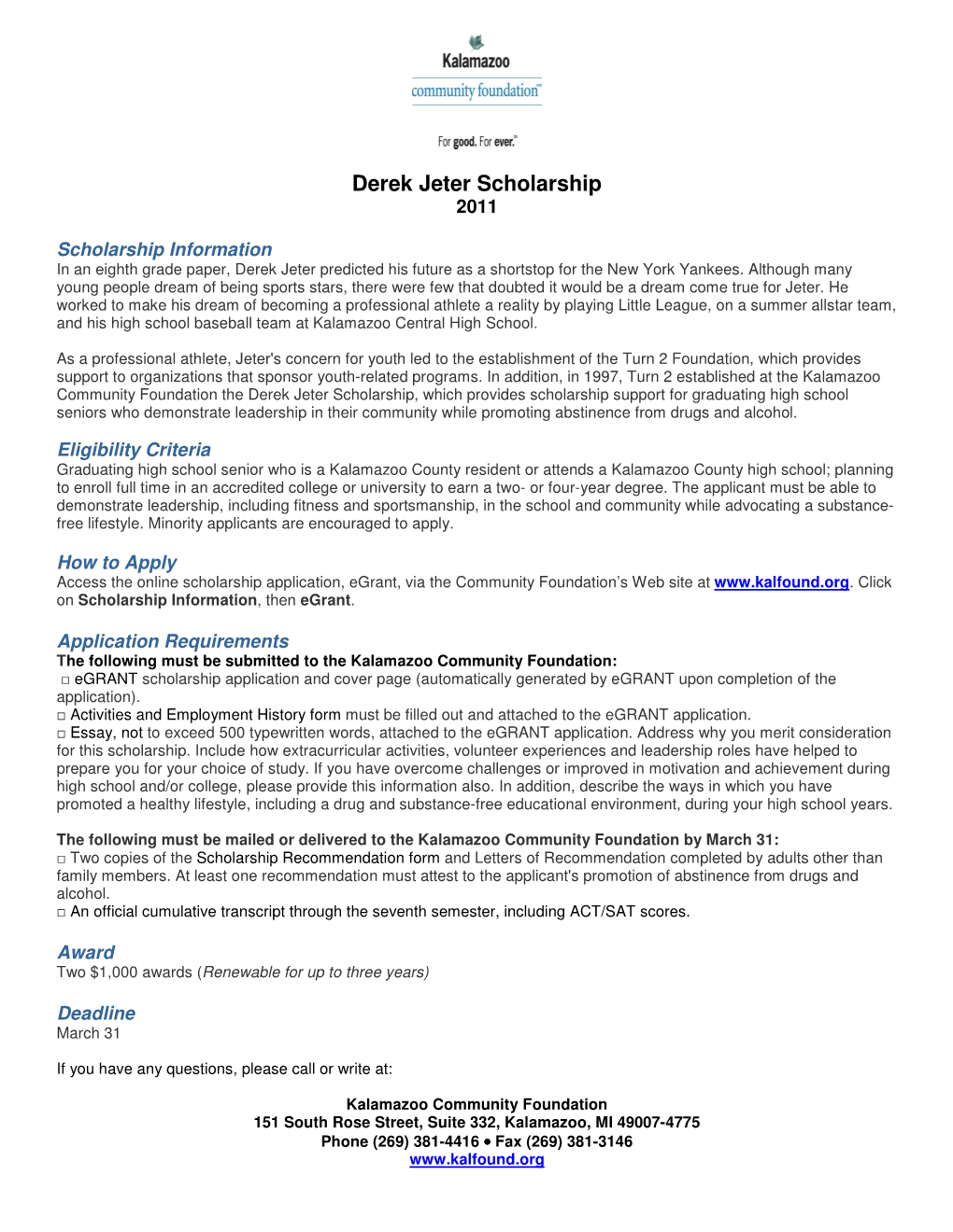 Derek Jeter Scholarship 2011