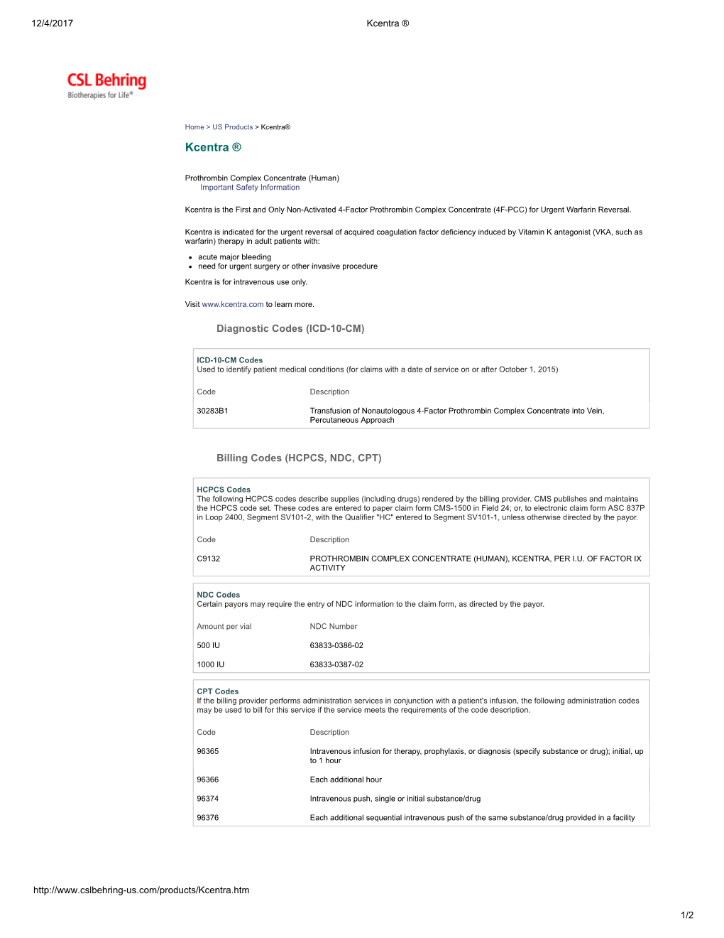 Kcentra Diagnostic Codes