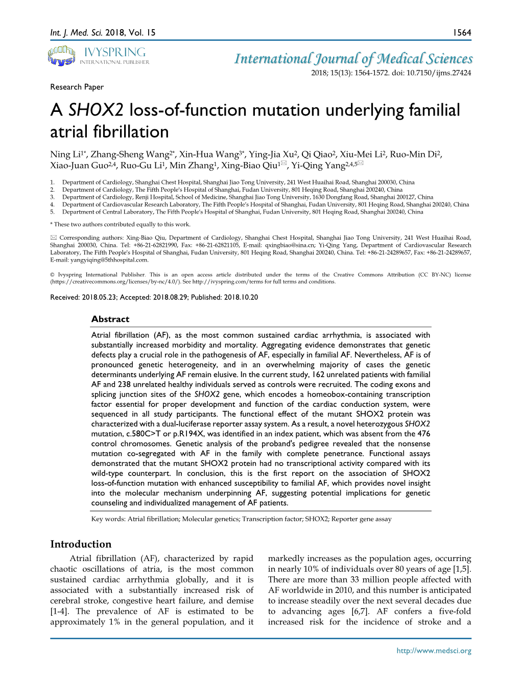 A SHOX2 Loss-Of-Function Mutation Underlying Familial Atrial Fibrillation