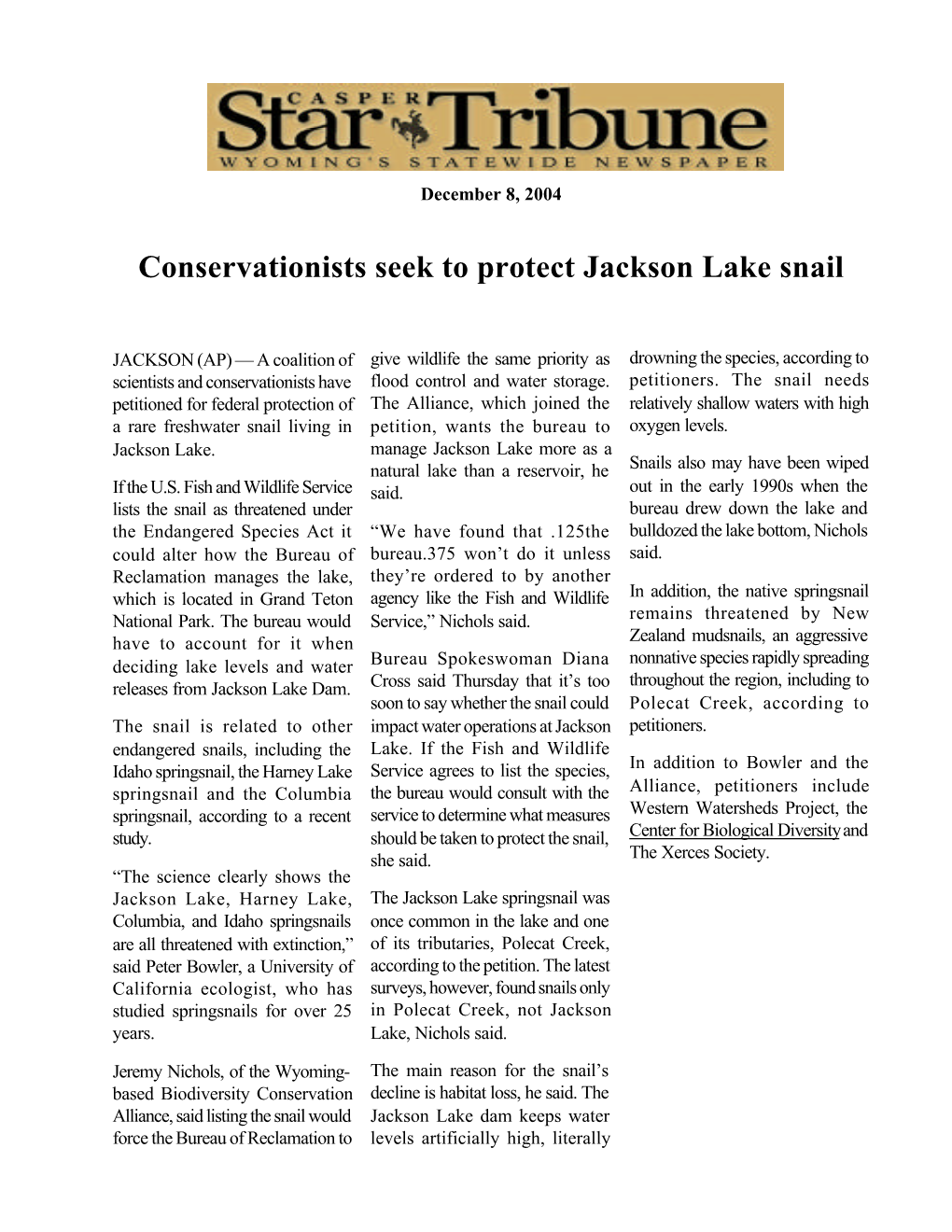 Conservationists Seek to Protect Jackson Lake Snail