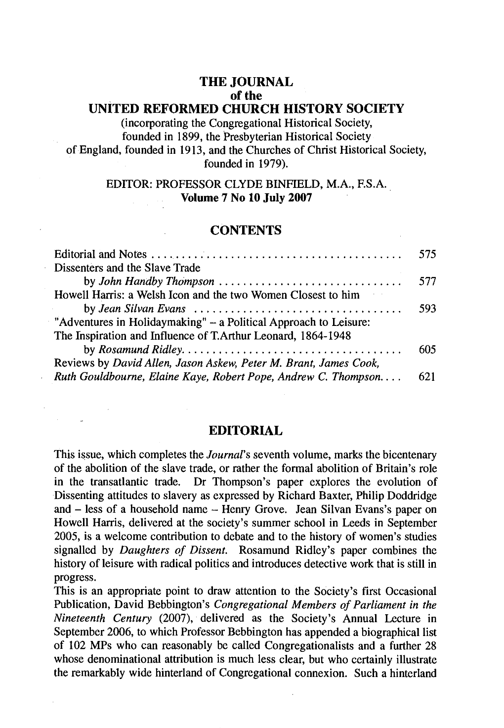 THE JOURNAL of the UNITED REFORMED CHURCH HISTORY