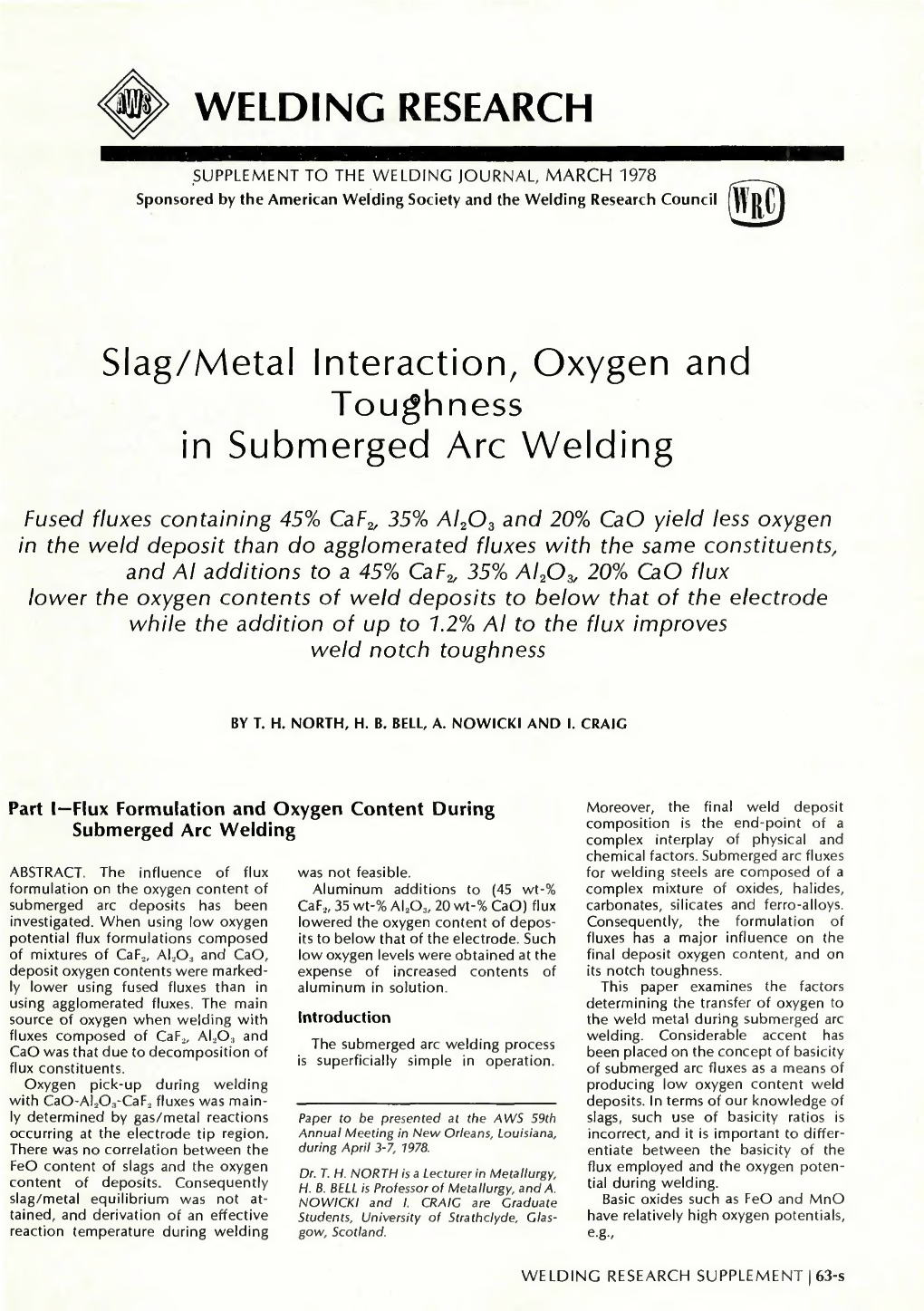 WELDING RESEARCH Slag/Metal Interaction, Oxygen and Toughness