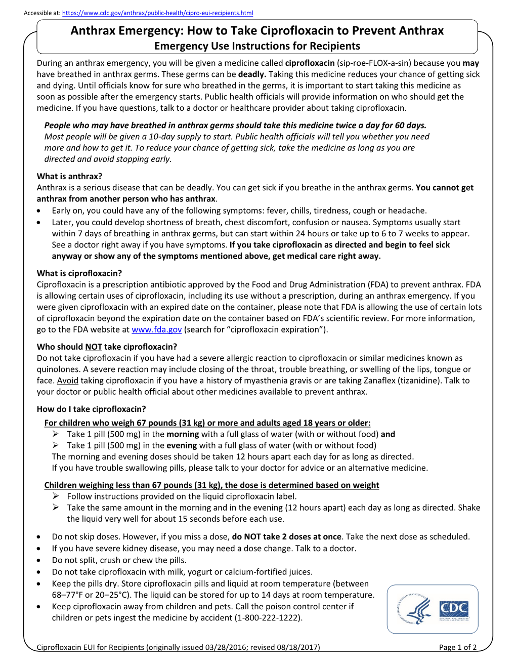 Anthrax Ciprofloxacin Emergency Use Instructions (EUI)