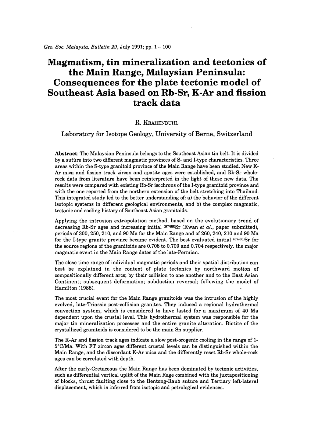 Magmatism, Tin Mineralization and Tectonics of the Main Range, Malaysian Peninsula