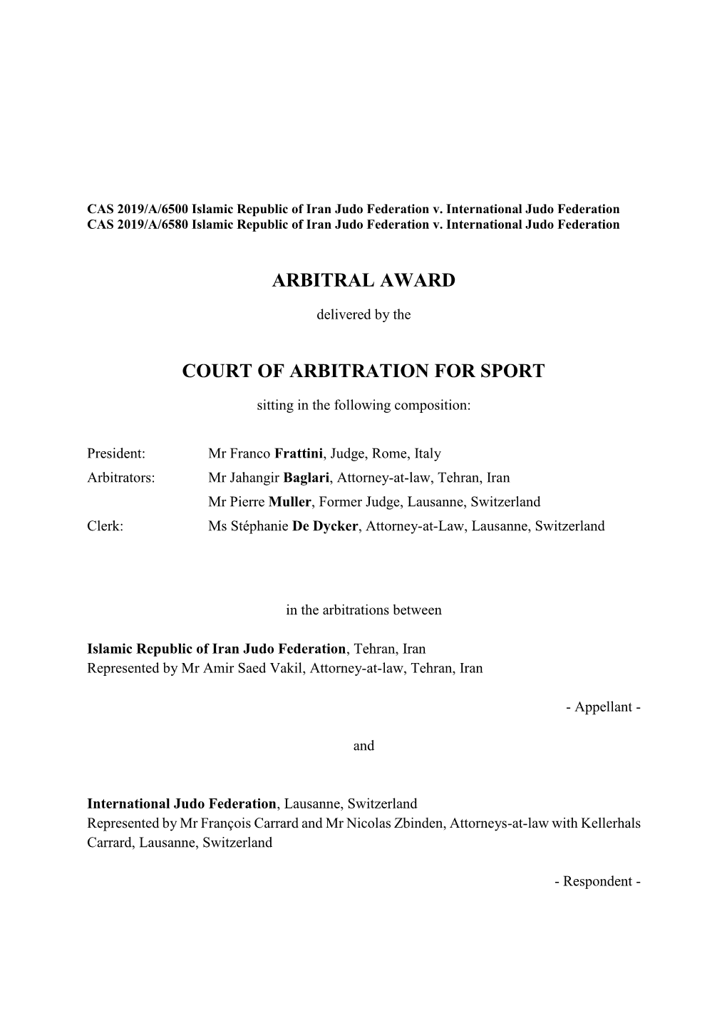 Arbitral Award Court of Arbitration for Sport