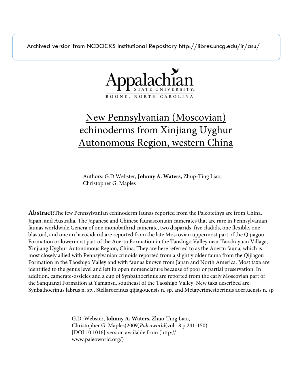 New Pennsylvanian (Moscovian) Echinoderms from Xinjiang Uyghur Autonomous Region, Western China