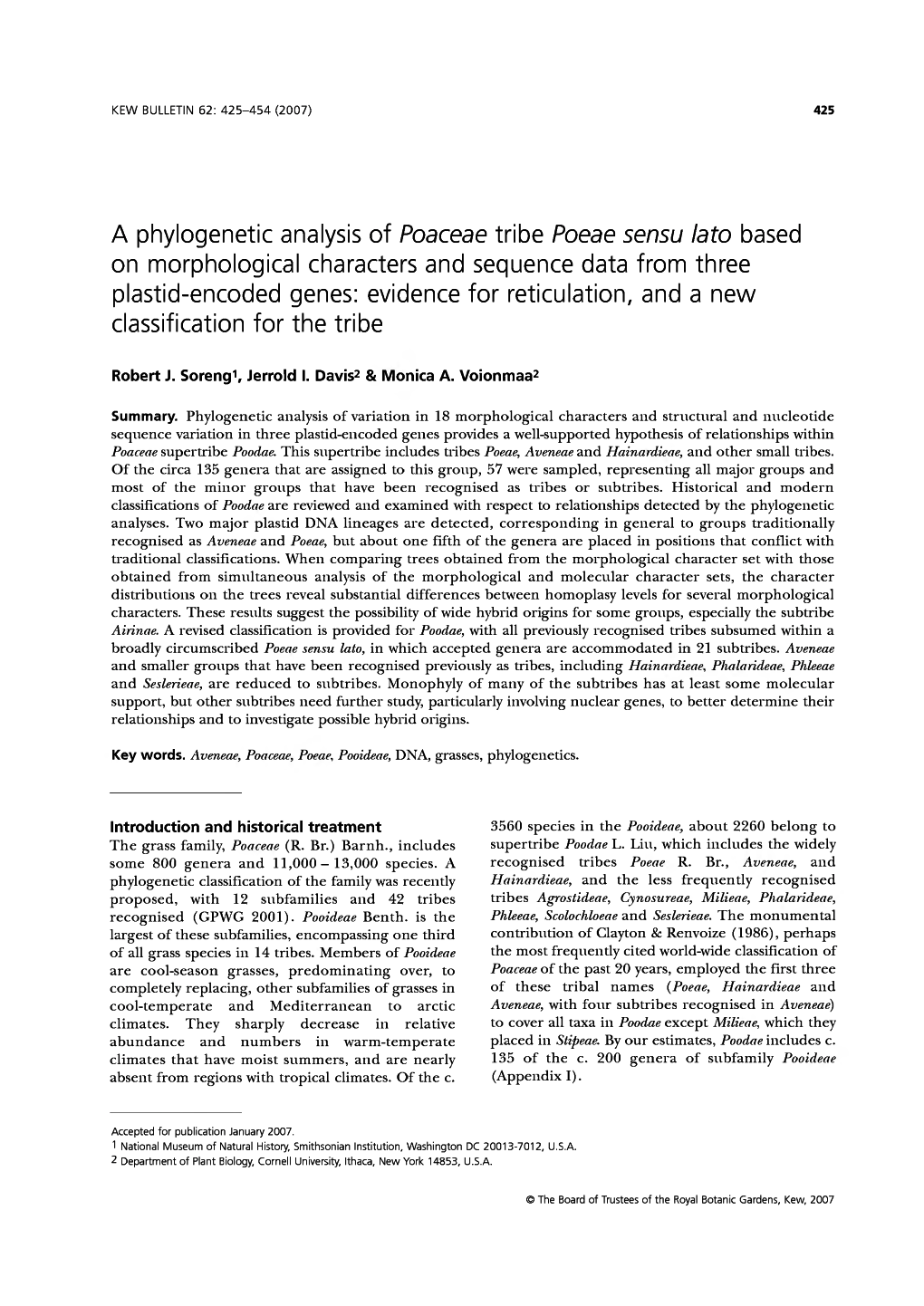 A Phylogenetic Analysis of Poaceae Tribe Poeae Sensu Lato Based On