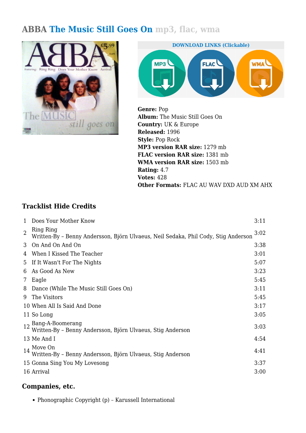 ABBA the Music Still Goes on Mp3, Flac, Wma