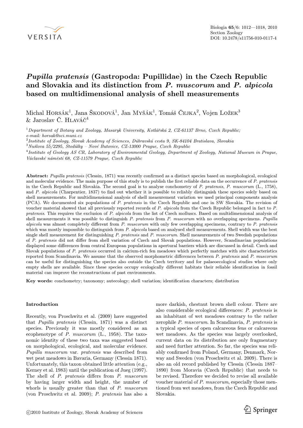 Pupilla Pratensis (Gastropoda: Pupillidae) in the Czech Republic and Slovakia and Its Distinction from P