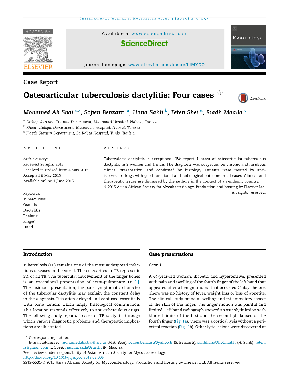 Osteoarticular Tuberculosis Dactylitis: Four Cases