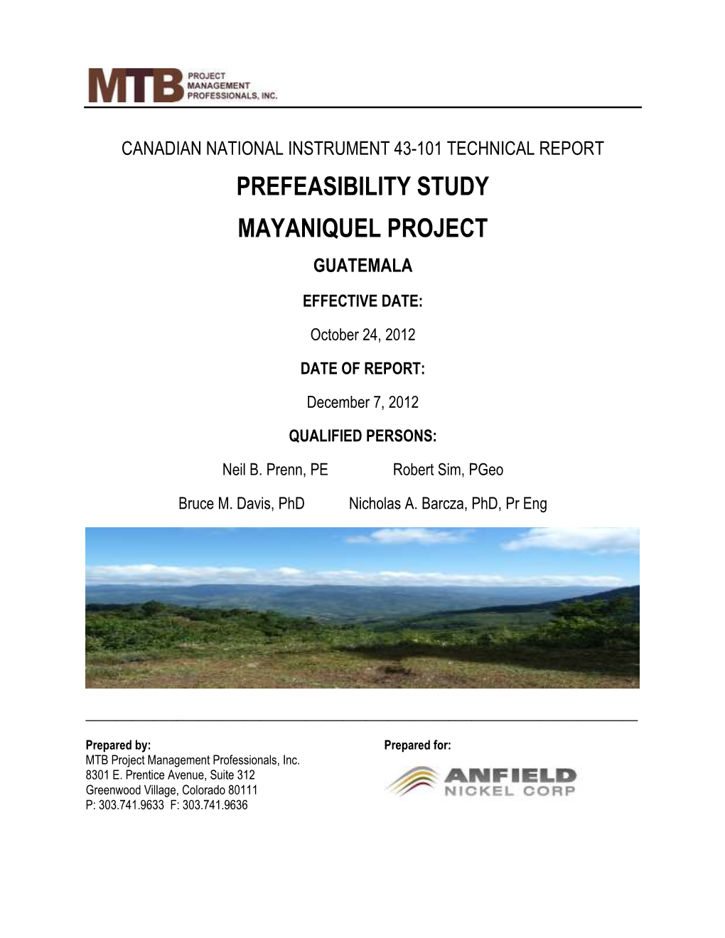 Prefeasibility Study Mayaniquel Project Guatemala