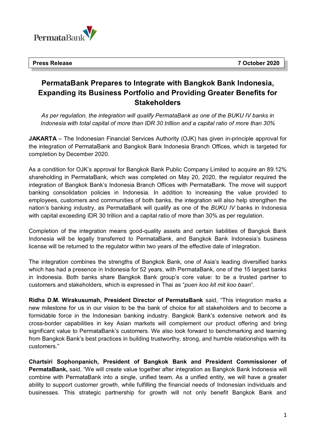 Permatabank Prepares to Integrate with Bangkok Bank Indonesia, Expanding Its Business Portfolio and Providing Greater Benefits for Stakeholders