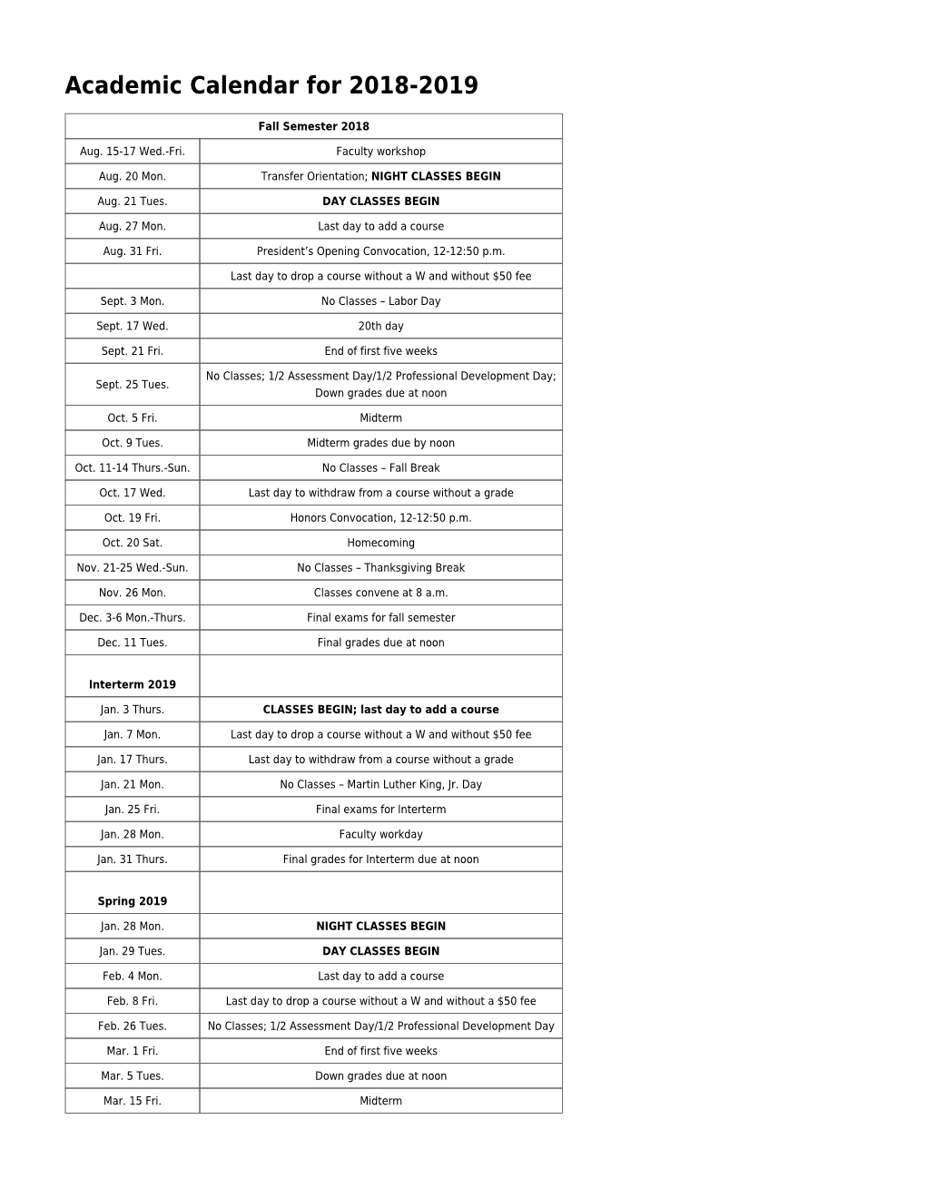 Academic Calendar for 2018-2019