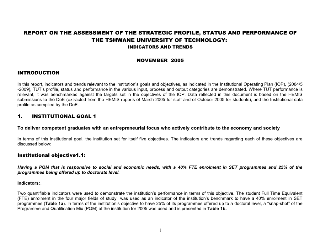 Report on the Profile, Status and Performance of the Tshwane University of Technology