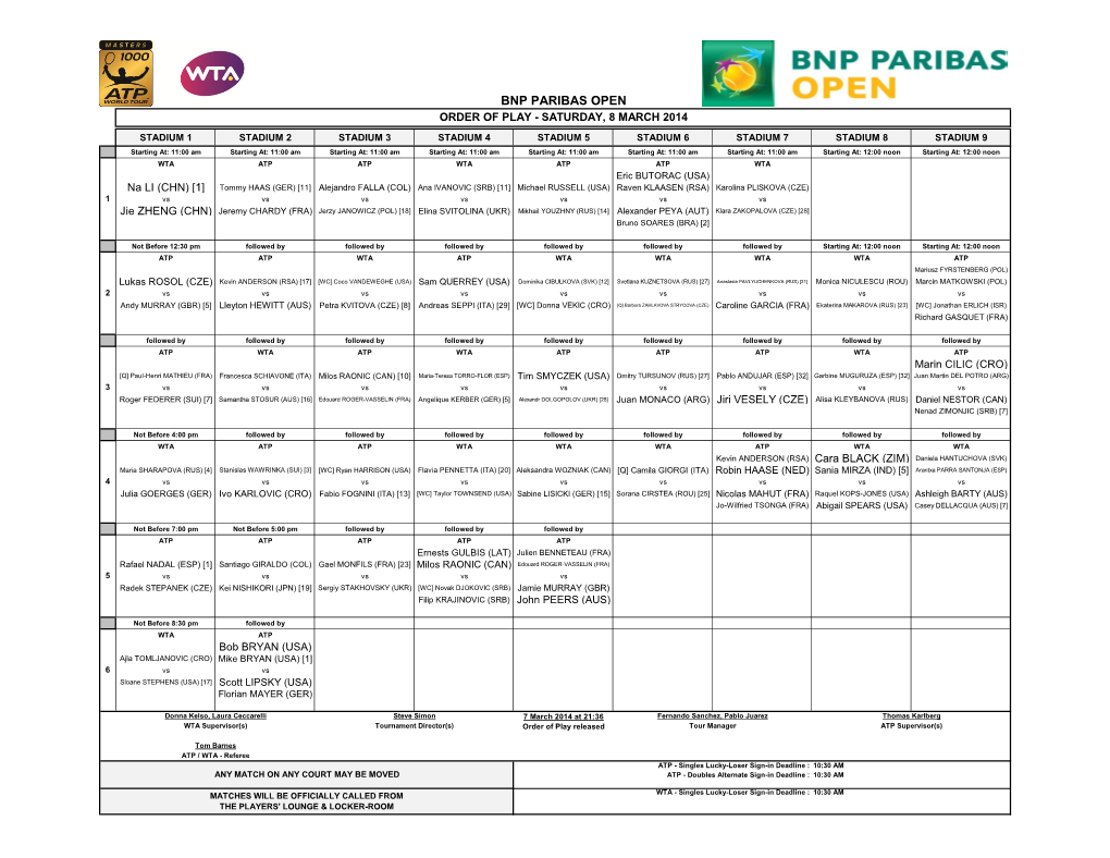 Bnp Paribas Open Order of Play - Saturday, 8 March 2014