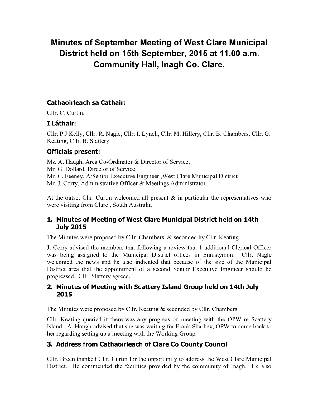 West Clare Municipal District Minutes of September 2015 Meeting