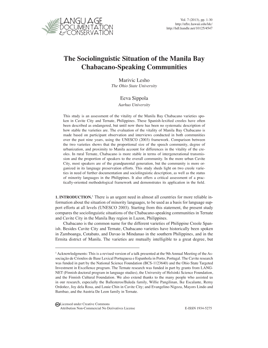 The Sociolinguistic Situation of the Manila Bay Chabacano-Speaking Communities