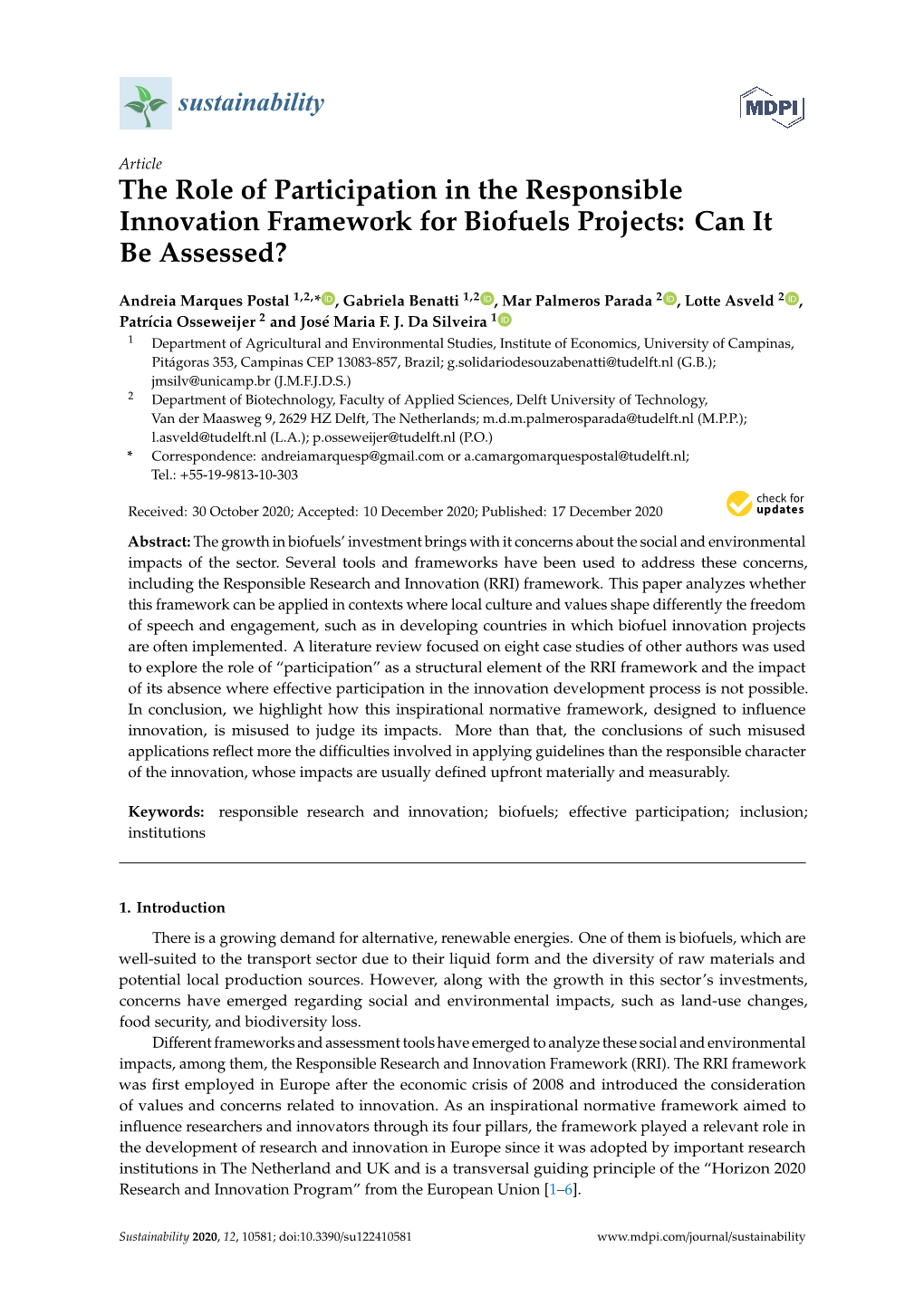 The Role of Participation in the Responsible Innovation Framework for Biofuels Projects: Can It Be Assessed?