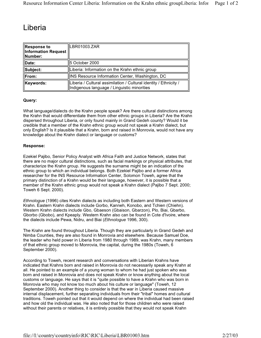 Liberia: Information on the Krahn Ethnic Groupliberia: Infor...M Page 1 of 2