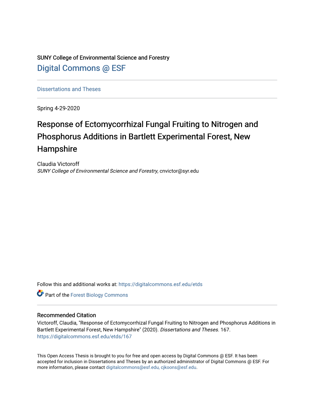 Response of Ectomycorrhizal Fungal Fruiting to Nitrogen and Phosphorus Additions in Bartlett Experimental Forest, New Hampshire