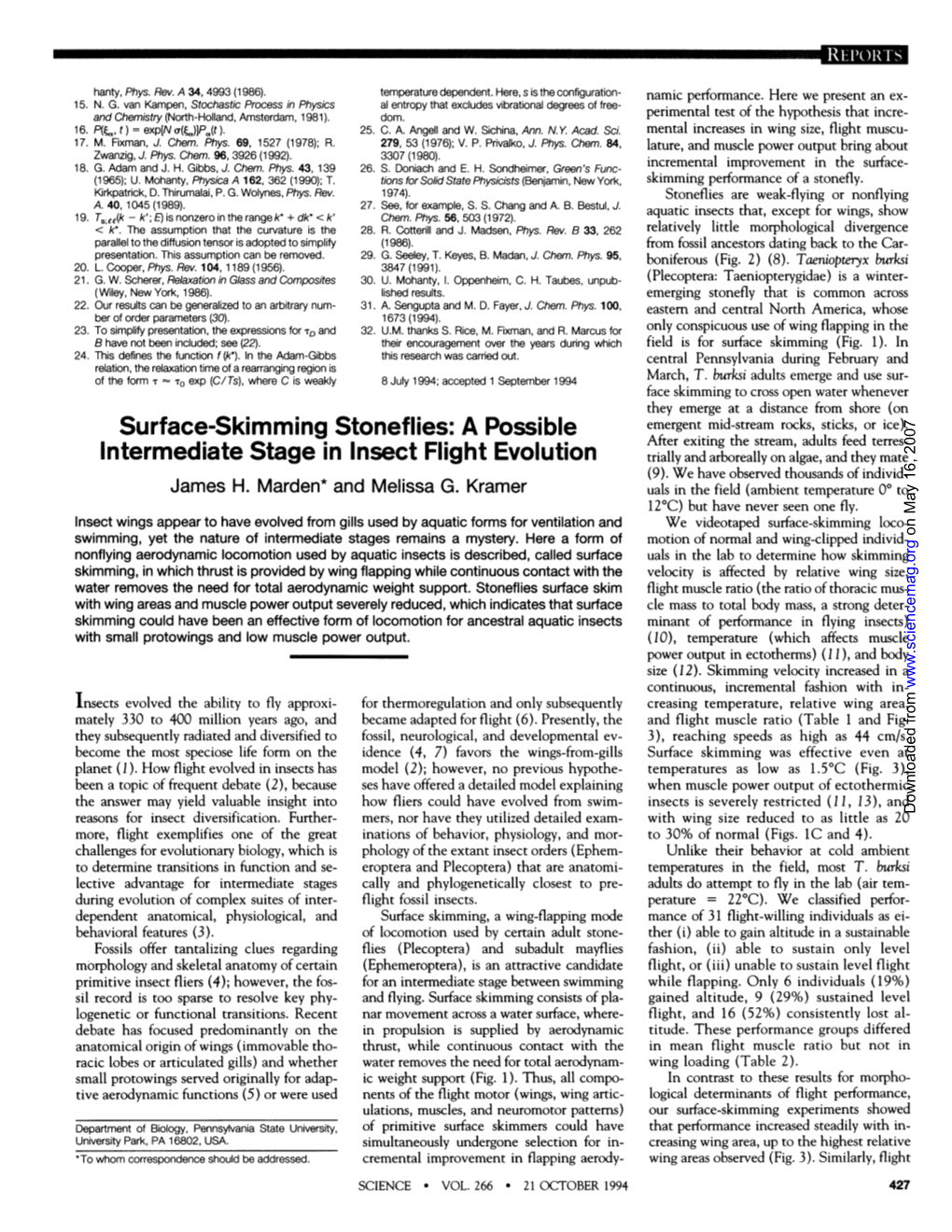 Surface-Skimming Stoneflies: a Possible Intermediate Stage in Insect Flight Evolution