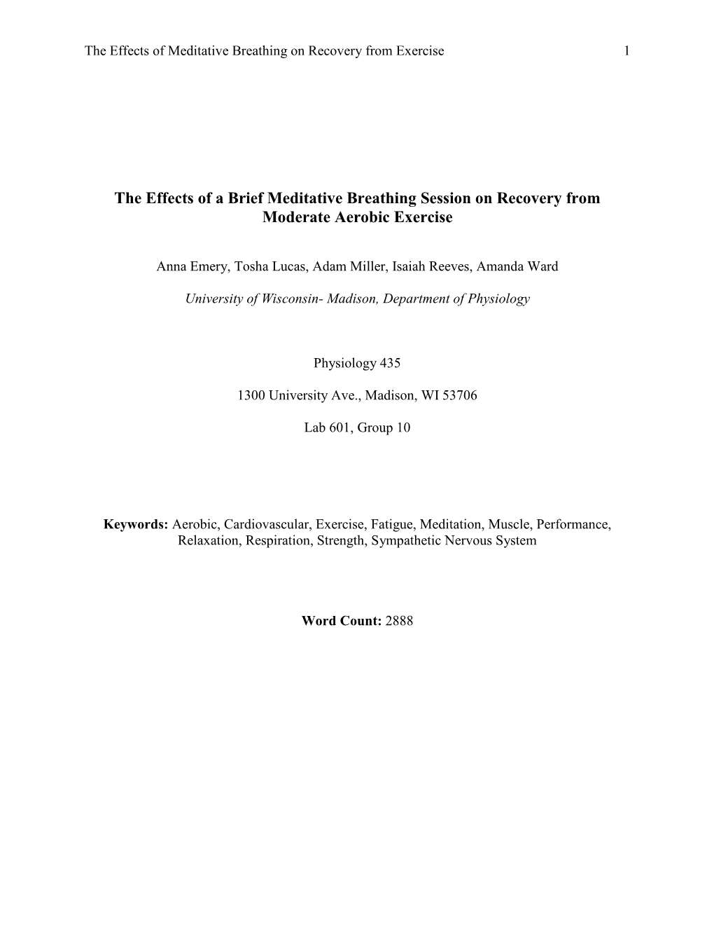 The Effects of a Brief Meditative Breathing Session on Recovery from Moderate Aerobic Exercise