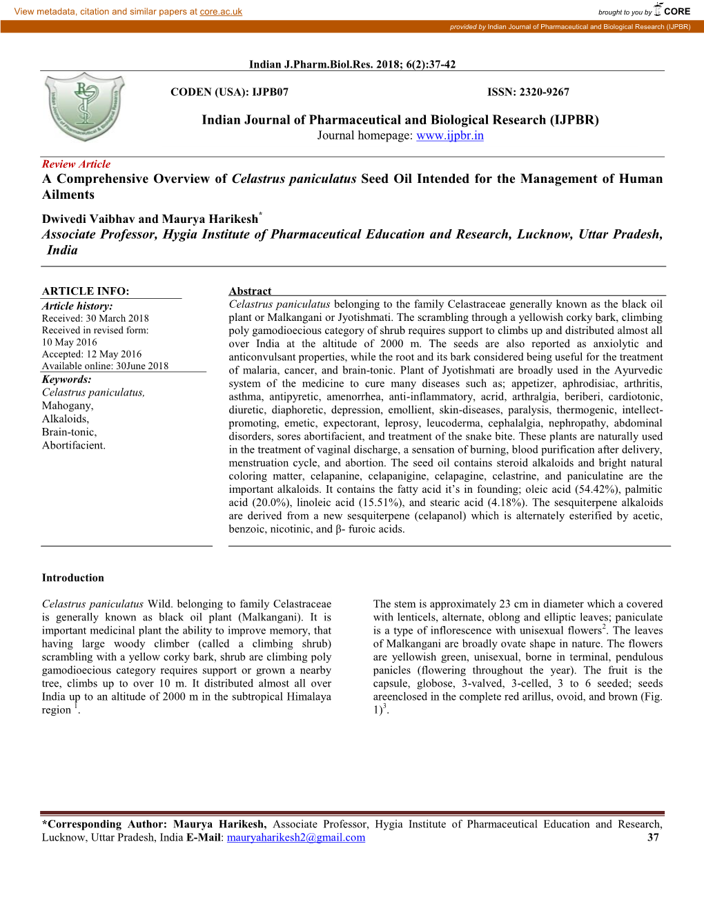 A Comprehensive Overview of Celastrus Paniculatus Seed Oil Intended for the Management of Human Ailments