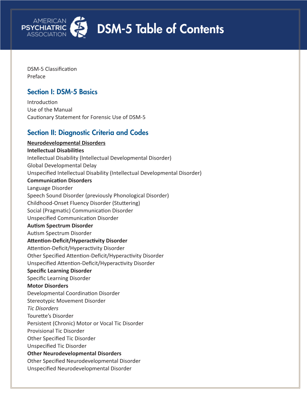 DSM-5 Table of Contents
