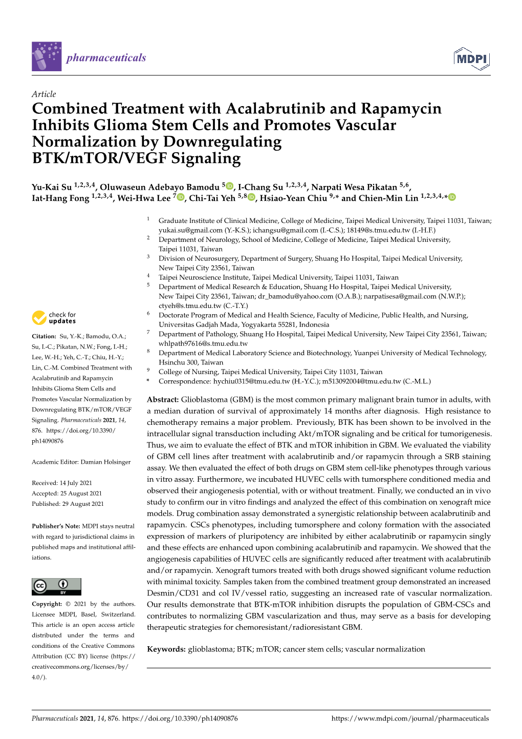 Combined Treatment with Acalabrutinib and Rapamycin Inhibits Glioma Stem Cells and Promotes Vascular Normalization by Downregulating BTK/Mtor/VEGF Signaling