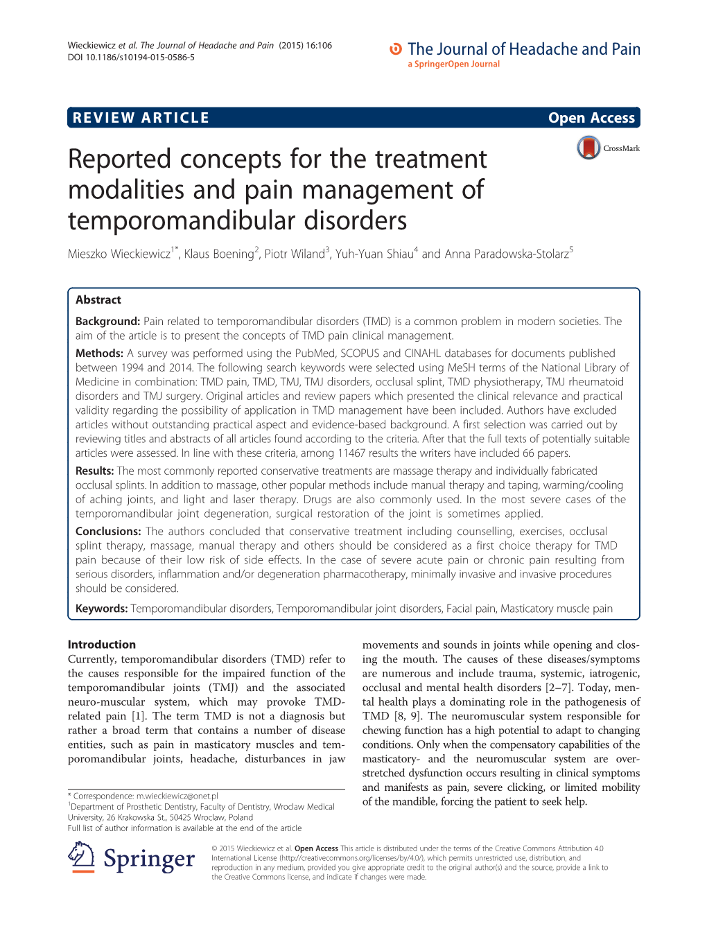 Reported Concepts for the Treatment Modalities and Pain Management Of