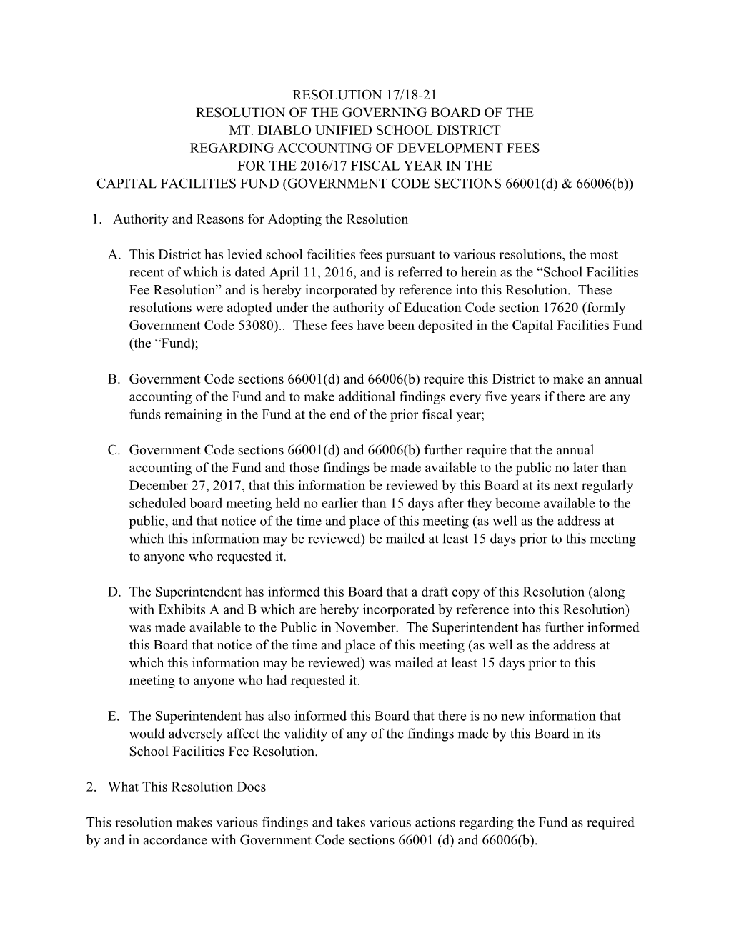 Resolution 17/18-21 Resolution of the Governing Board of the Mt. Diablo Unified School District Regarding Accounting of Develop