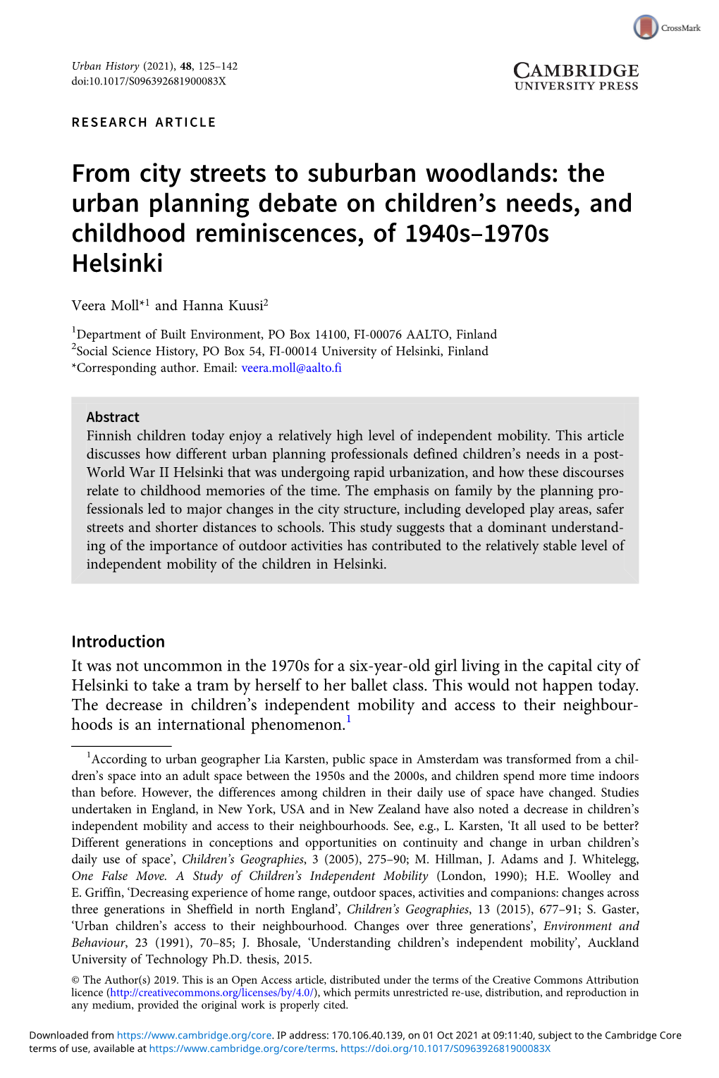 From City Streets to Suburban Woodlands: the Urban Planning Debate on Children’S Needs, and Childhood Reminiscences, of 1940S–1970S Helsinki