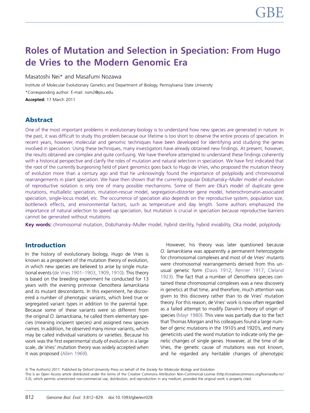 Roles of Mutation and Selection in Speciation: from Hugo De Vries to the Modern Genomic Era