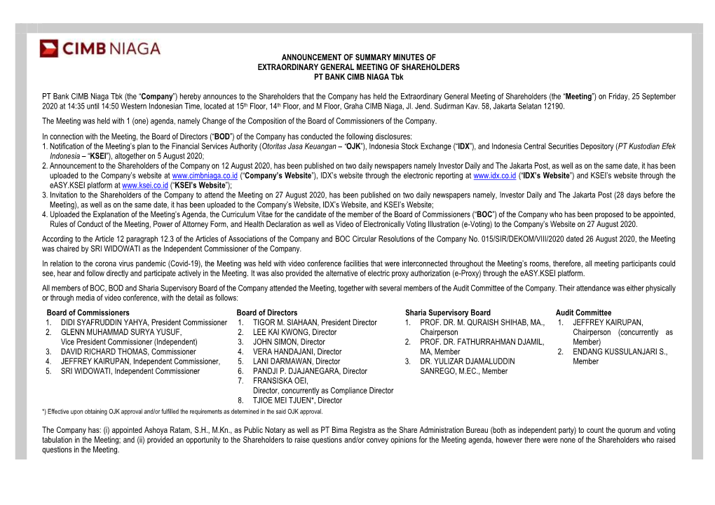 ANNOUNCEMENT of SUMMARY MINUTES of EXTRAORDINARY GENERAL MEETING of SHAREHOLDERS PT BANK CIMB NIAGA Tbk