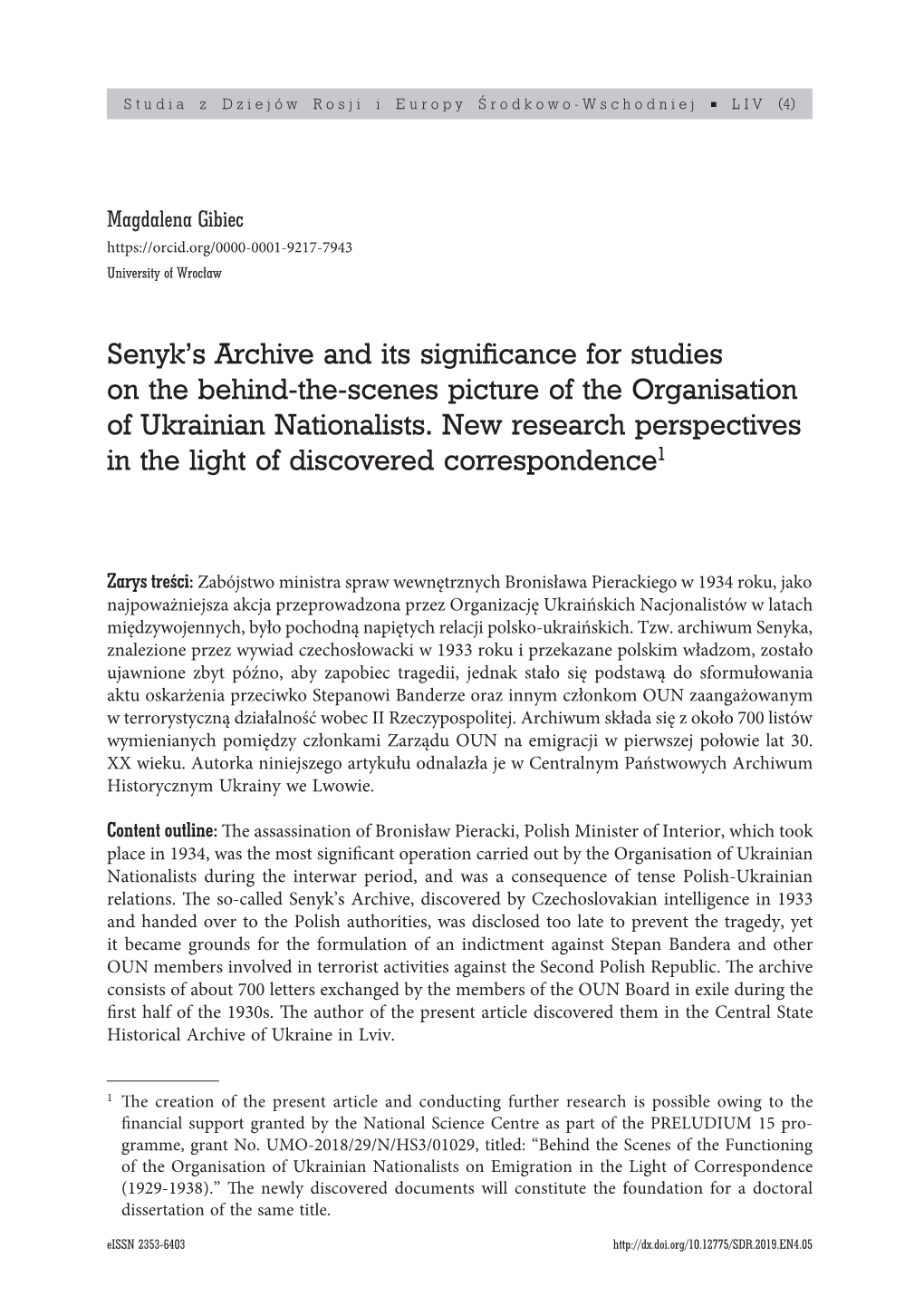 Senyk's Archive and Its Significance for Studies on the Behind-The