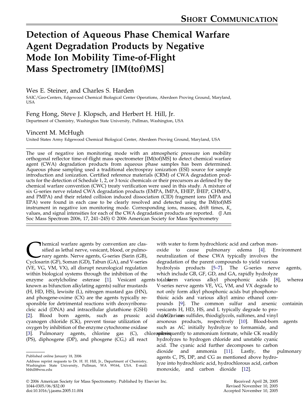 Detection of Aqueous Phase Chemical Warfare Agent Degradation Products by Negative Mode Ion Mobility Time-Of-Flight Mass Spectrometry [IM (Tof)