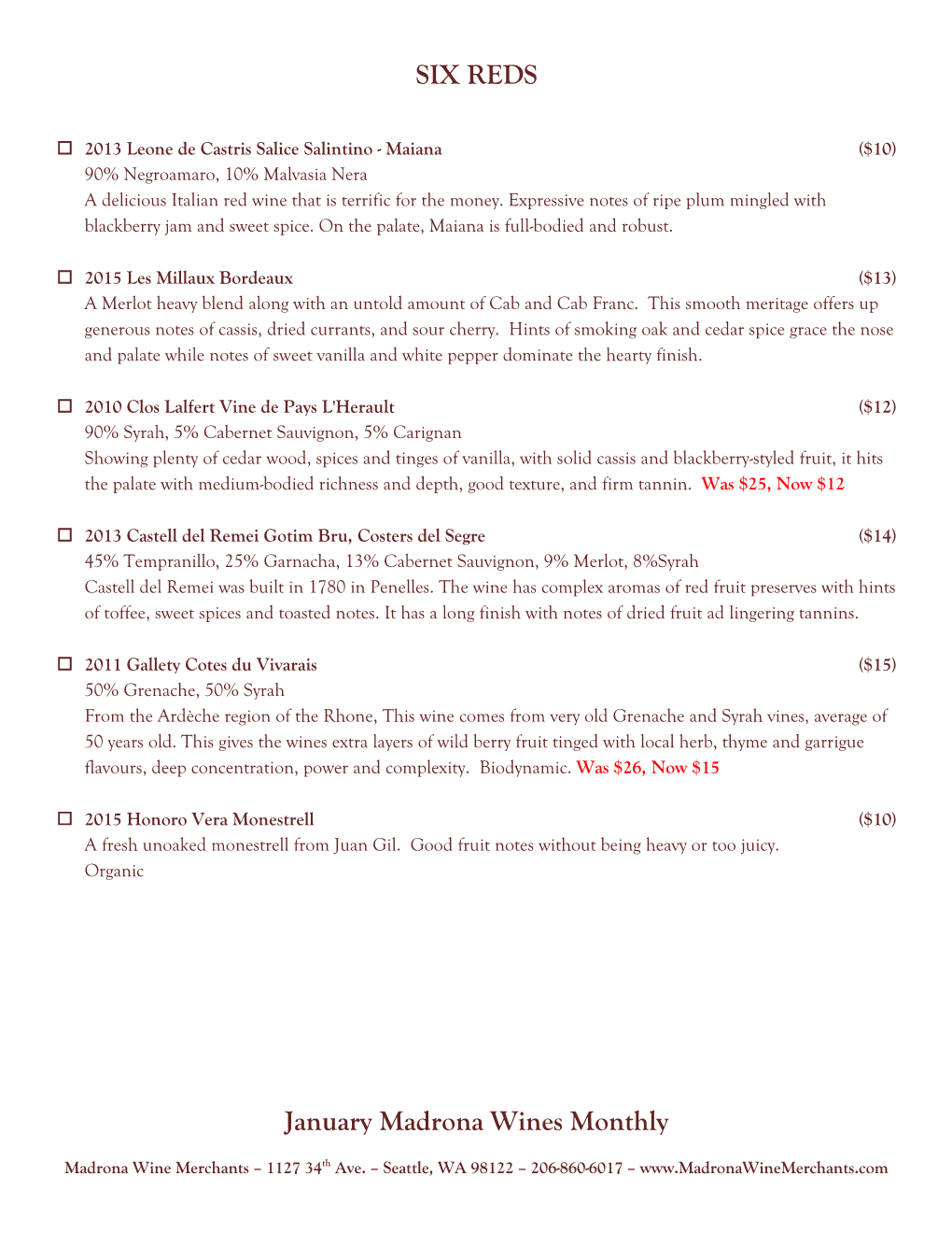 January Madrona Wines Monthly SIX REDS