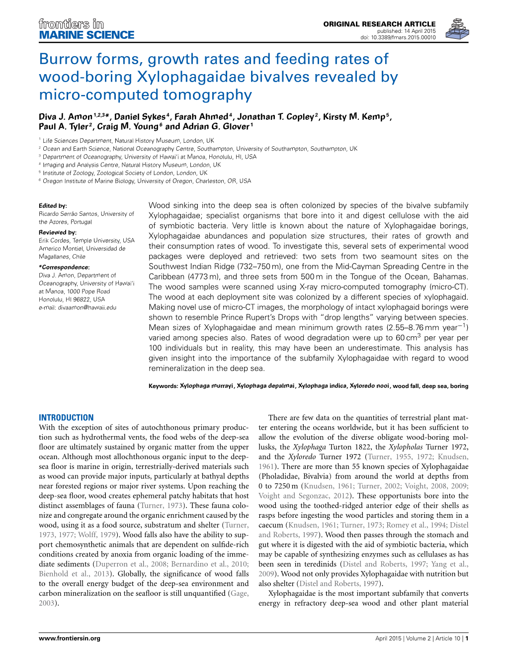 Burrow Forms, Growth Rates and Feeding Rates of Wood-Boring Xylophagaidae Bivalves Revealed by Micro-Computed Tomography