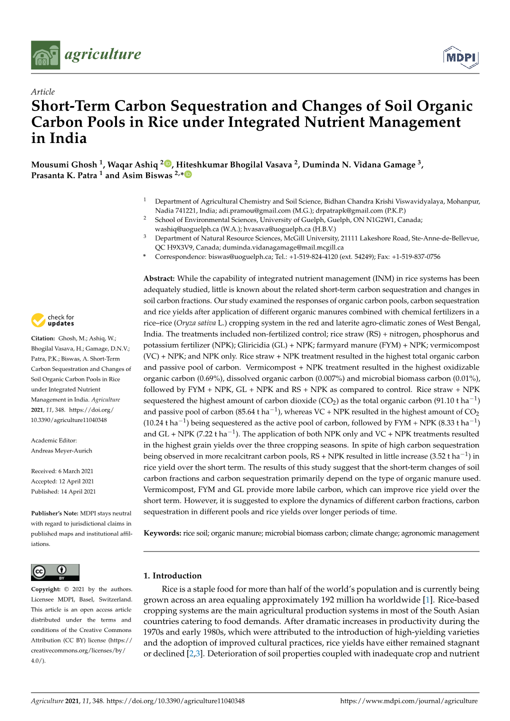 Short-Term Carbon Sequestration and Changes of Soil Organic Carbon Pools in Rice Under Integrated Nutrient Management in India