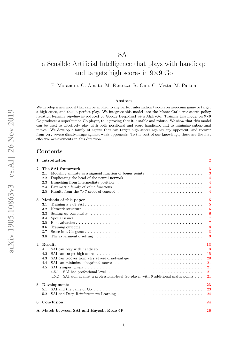 SAI: a Sensible Artificial Intelligence That Plays with Handicap and Targets