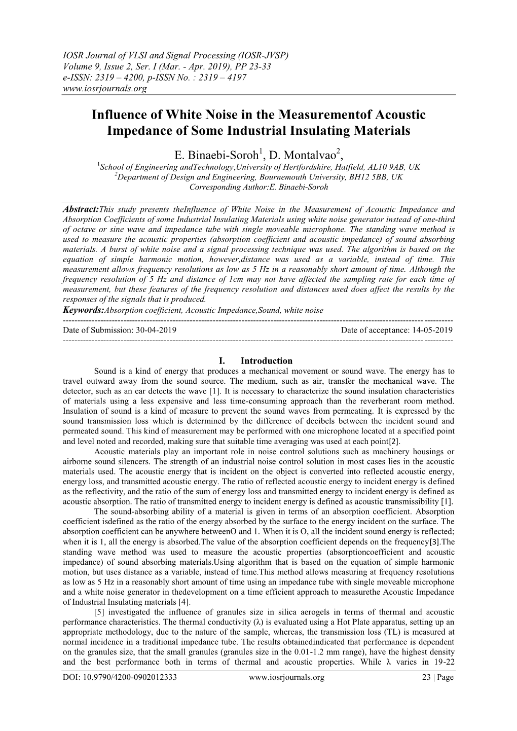 Influence of White Noise in the Measurementof Acoustic Impedance of Some Industrial Insulating Materials