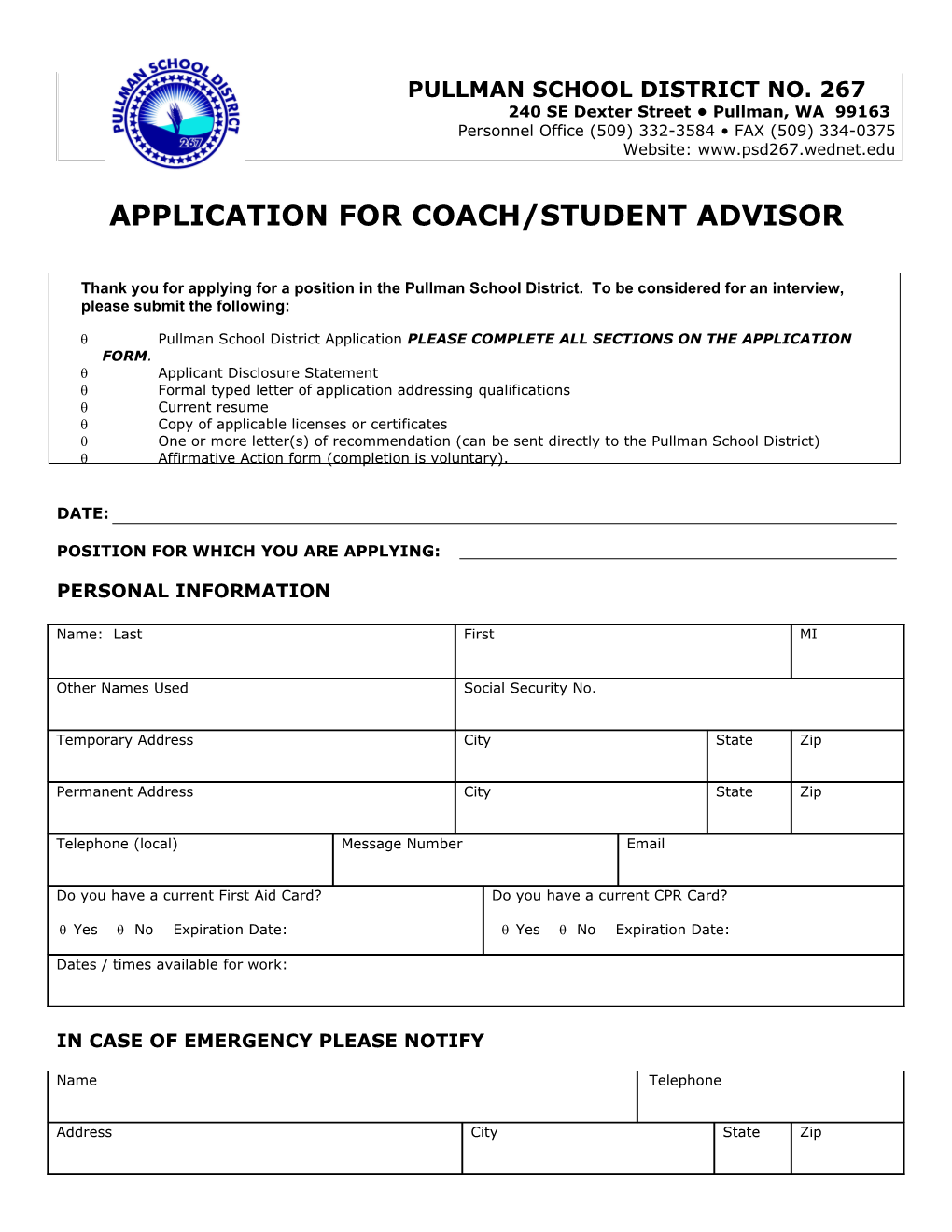 Application for Coach/Student Advisor