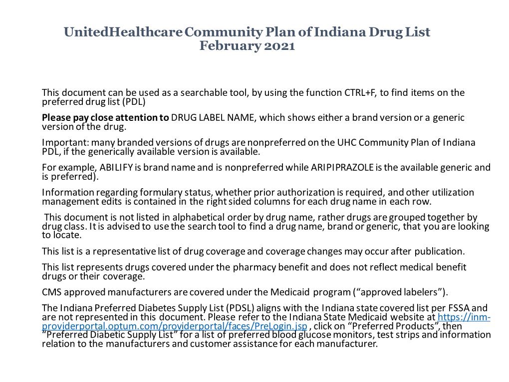 Unitedhealthcare Community Plan of Indiana Drug List February 2021