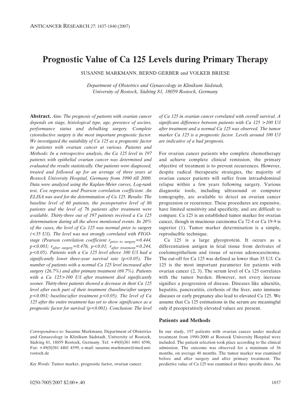 Prognostic Value of Ca 125 Levels During Primary Therapy